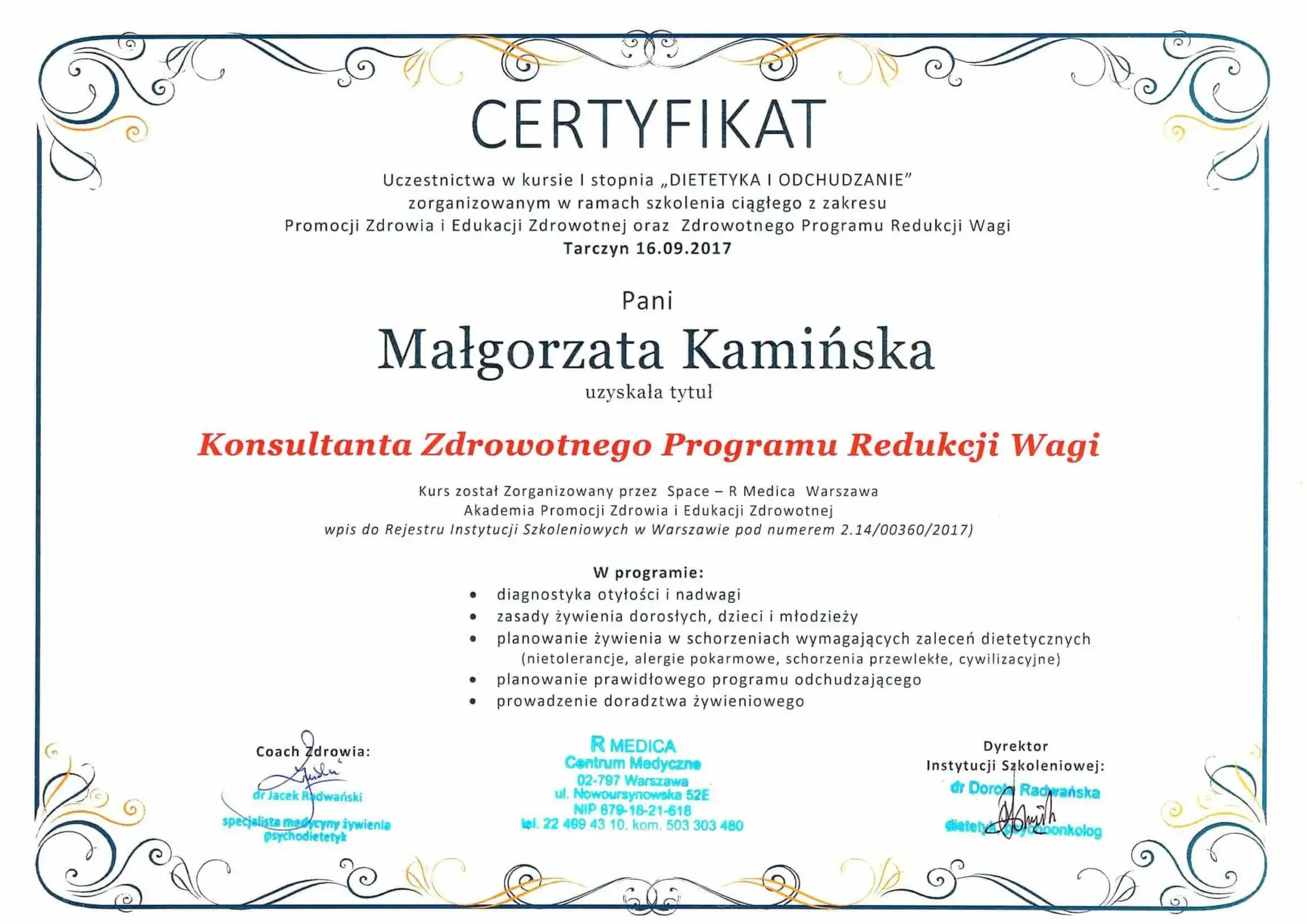 certyfikat konsultanta zdrowotnego progrmu redukcji wagi